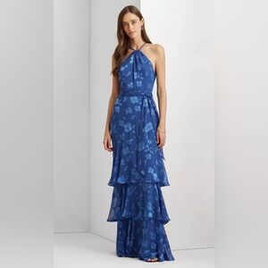 Lauren Ralph Lauren Women’s Georgette Floral Jacquard Halter Gown Ruffle tier 10